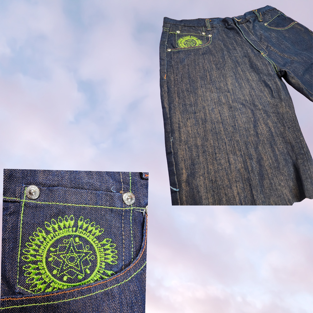 Y2k Imperious Mens Dark Black Wash AOP Baggy Colorful Embroidered Shorts 40 - Picture 3 of 6